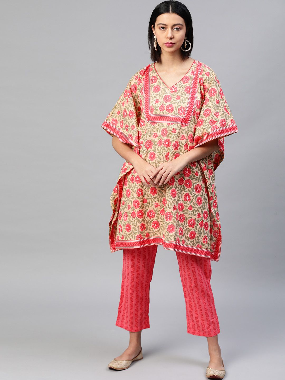 Yuris Women Green & Red Printed Kaftan Top with Trousers Price in India