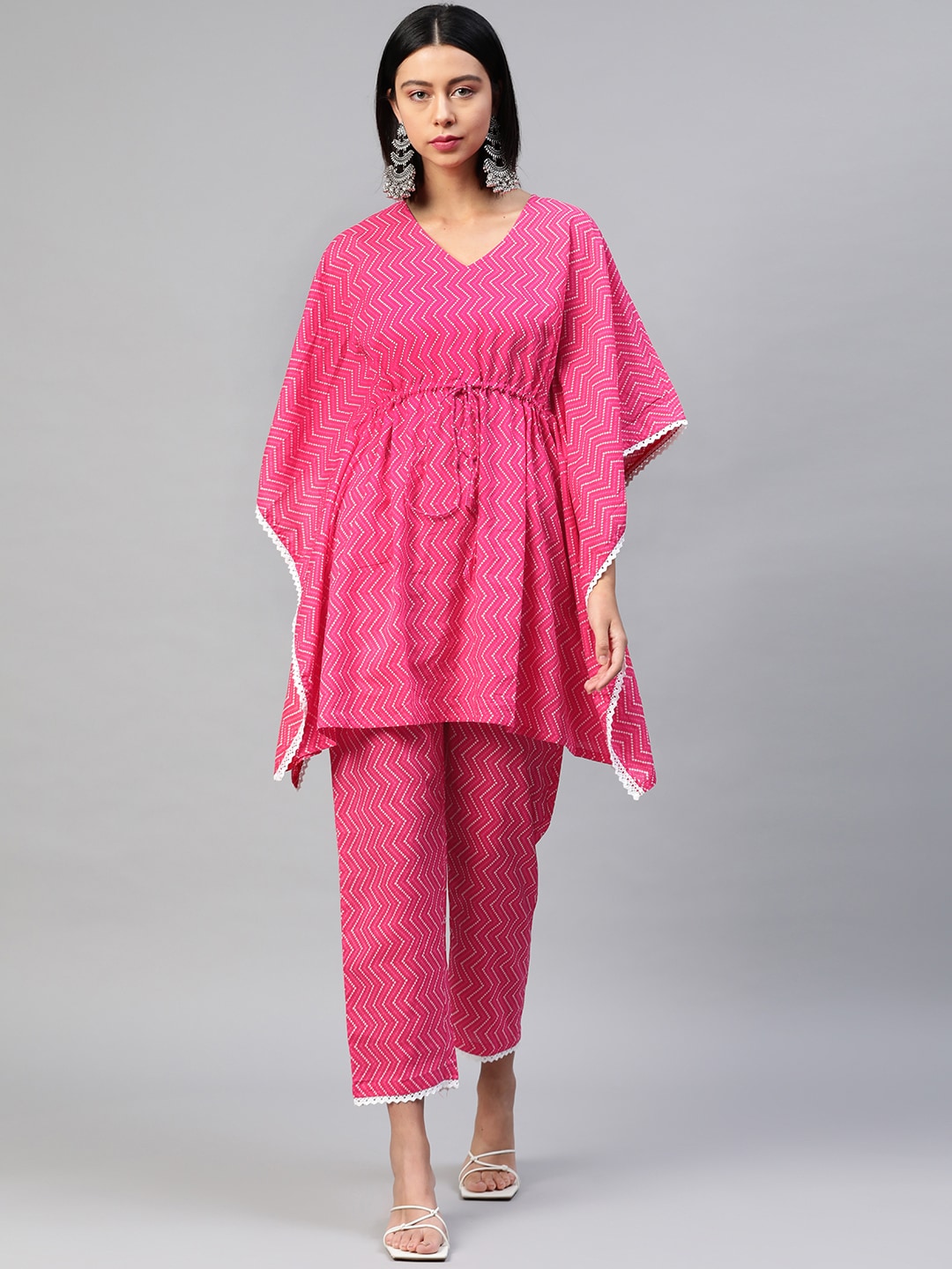 Yuris Women Pink & Off White Bandhani Printed Kaftan Top with Trousers Price in India