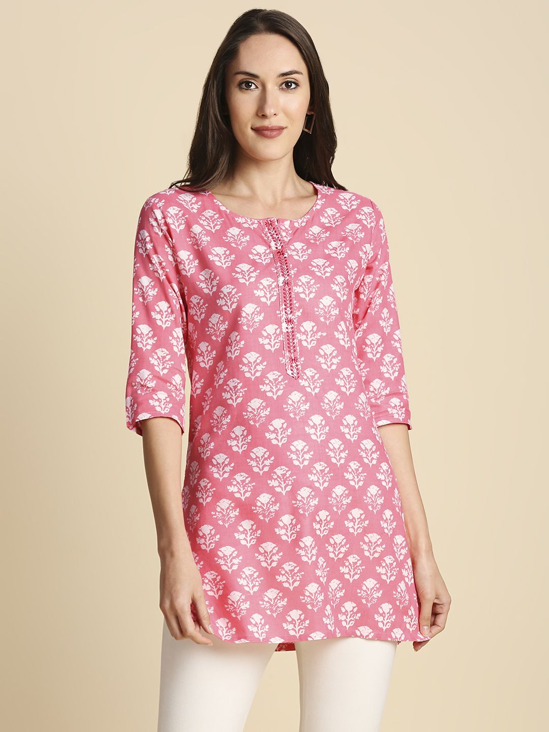 Anubhutee Women Pink & White Floral Printed Straight Kurti Price in India