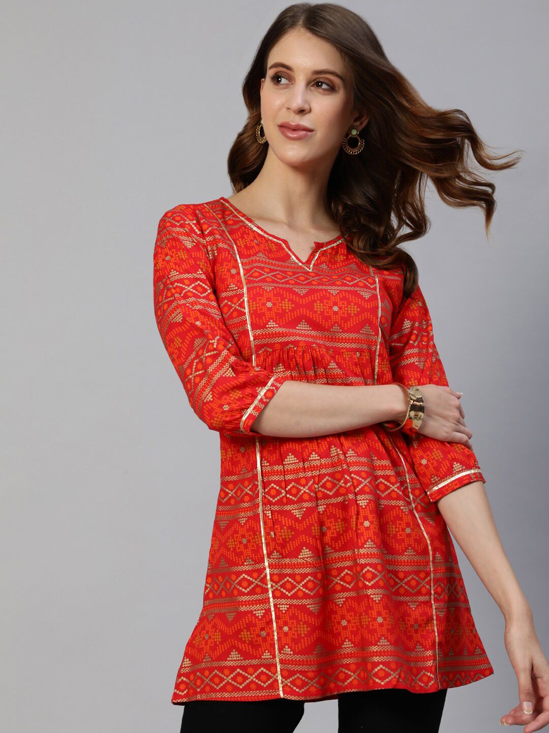 Anubhutee Red & Gold Geometric Printed Pleated Kurti Price in India