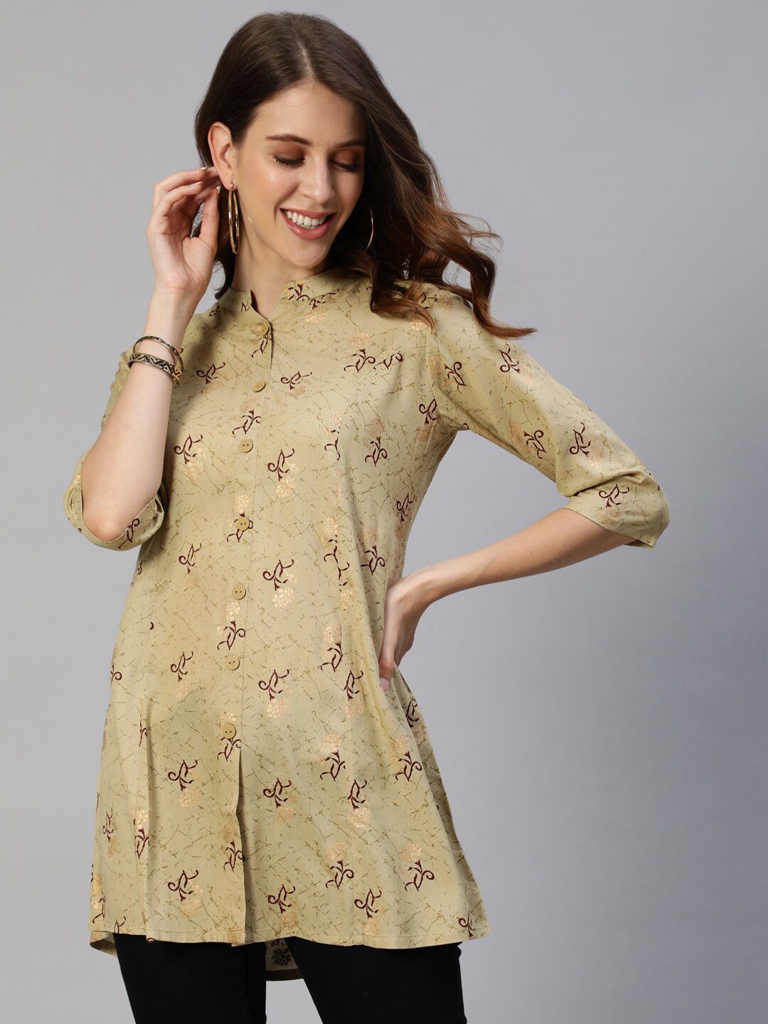 Anubhutee Beige & Gold Floral Foil Printed Kurti Price in India