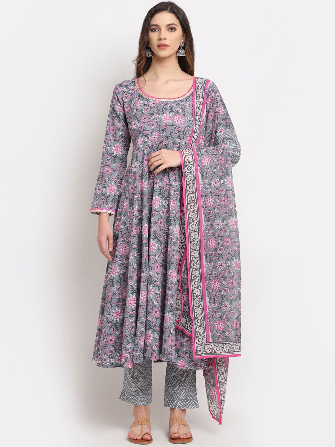 Rudra Bazaar Women Grey & Pink Floral Pleated Pure Cotton Kurta & Trousers & Dupatta Price in India