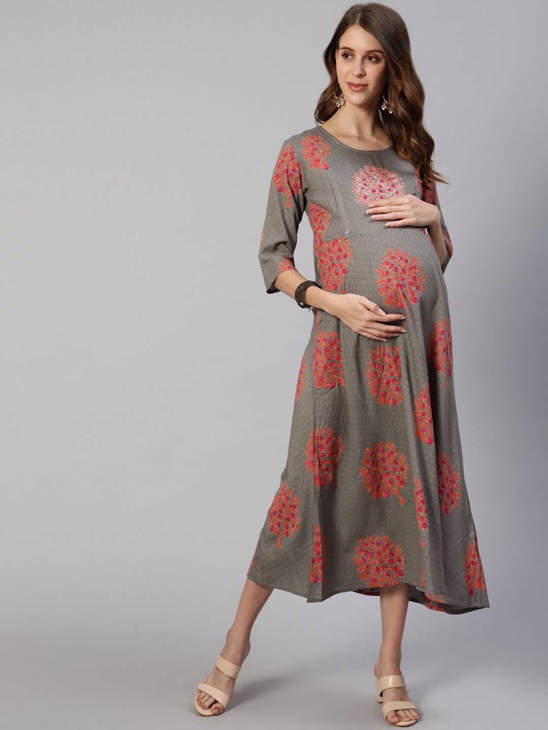 Anubhutee Grey & Pink Floral Maternity A-Line Midi Dress Price in India
