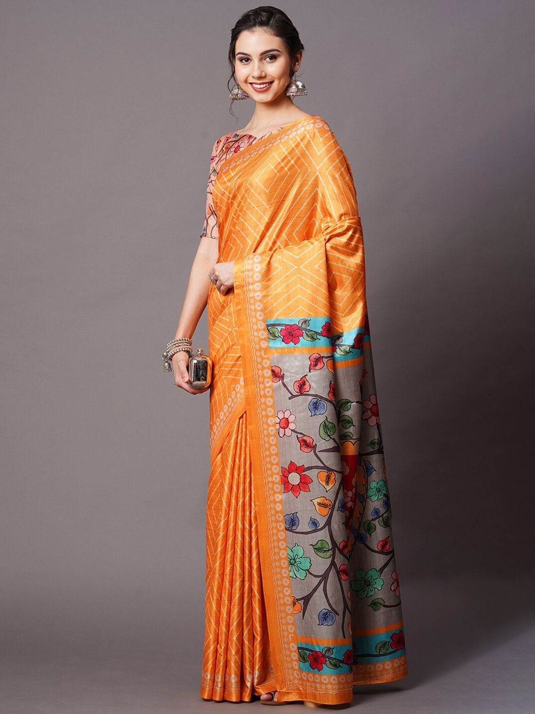 Mitera Yellow & Multicoloured Floral Printed Silk Blend Saree Price in India