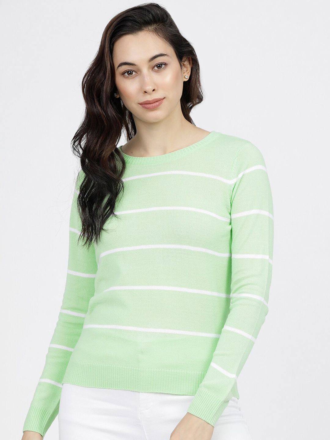 Tokyo Talkies Women Green & White Striped Pullover Price in India
