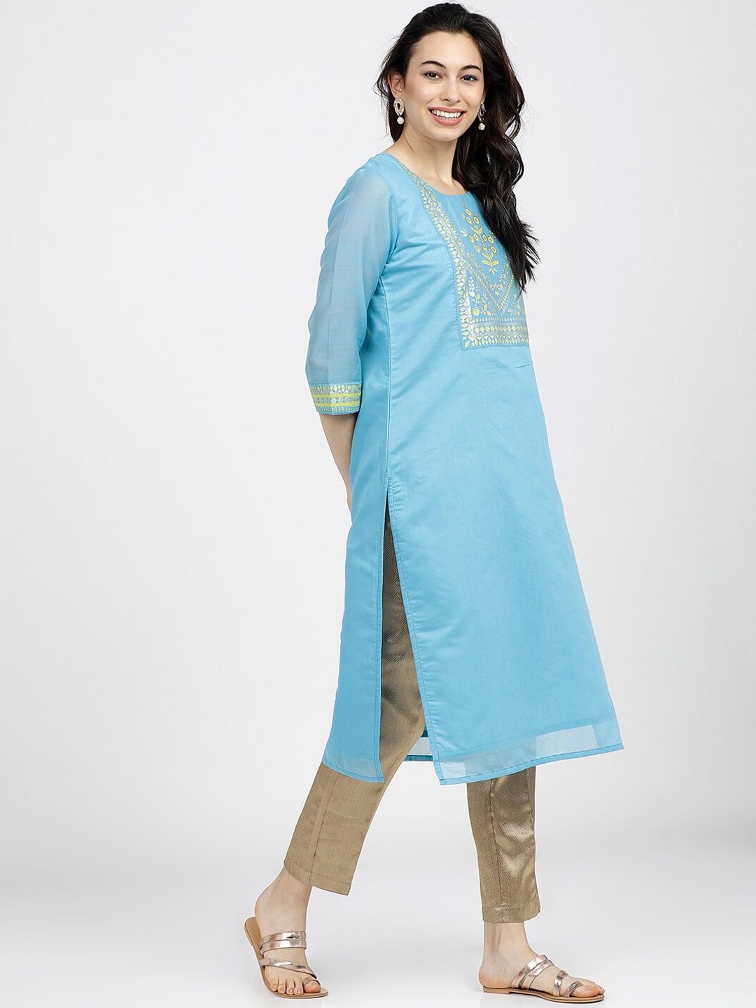 Vishudh Women Blue Ethnic Motifs Yoke Design Kurta Price in India