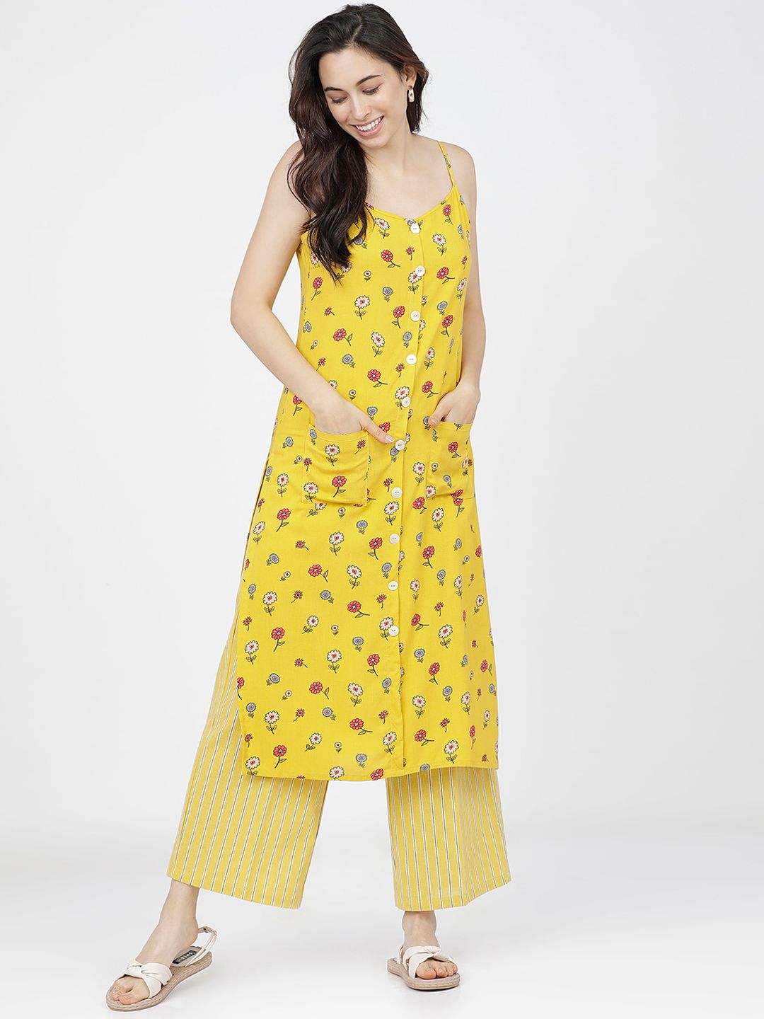 Vishudh Women Yellow & Red Floral Printed Regular Kurta with Palazzos Price in India