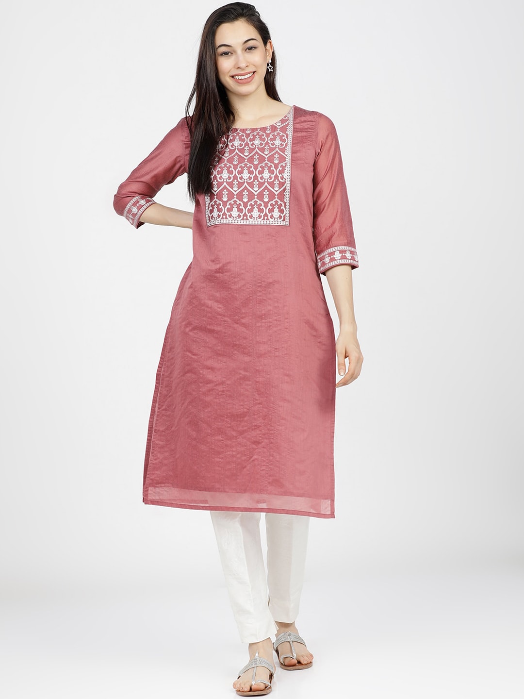 Vishudh Women Pink Ethnic Motifs Yoke Design Kurta Price in India