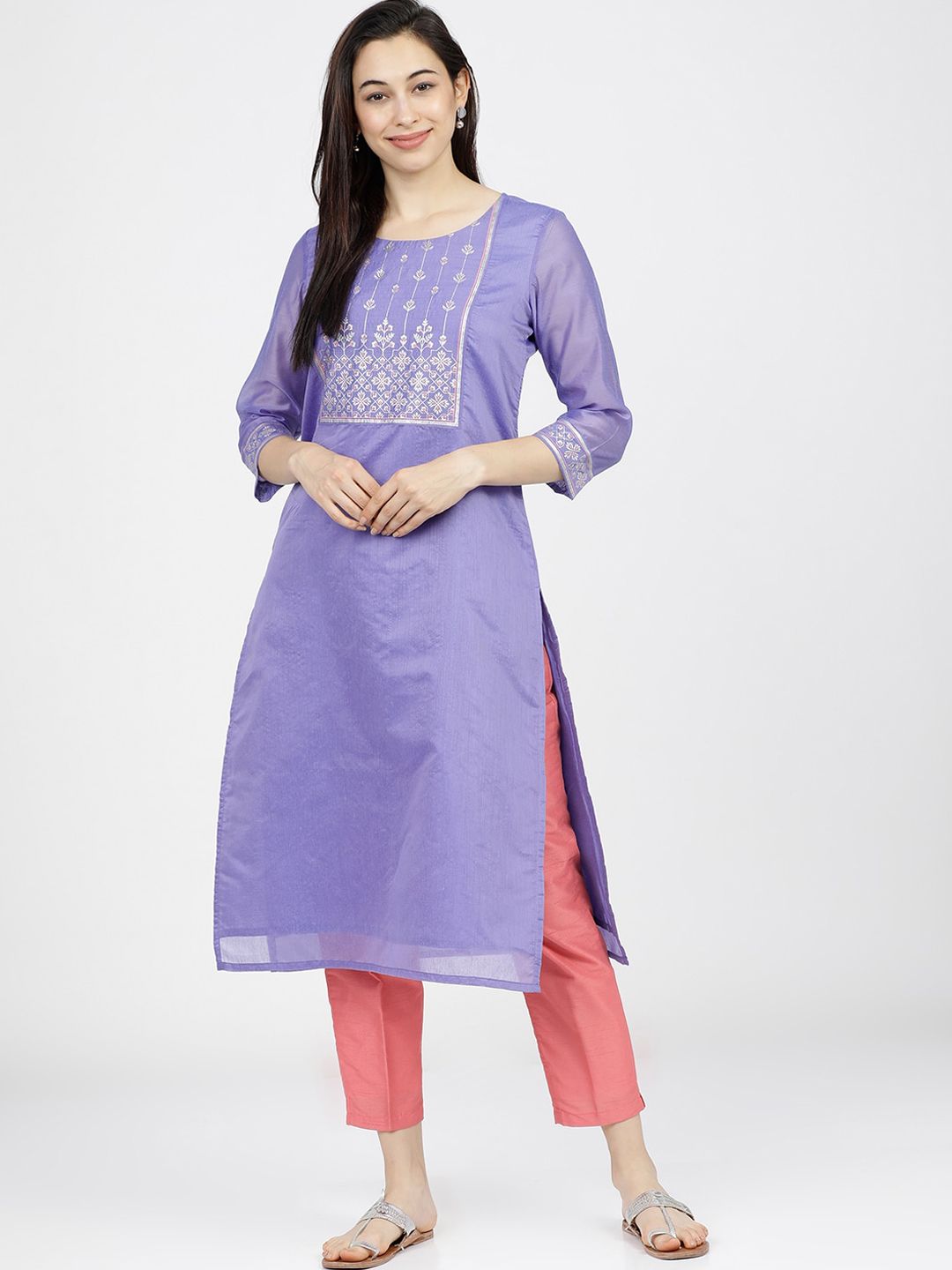 Vishudh Women Purple Ethnic Motifs Yoke Design Kurta Price in India