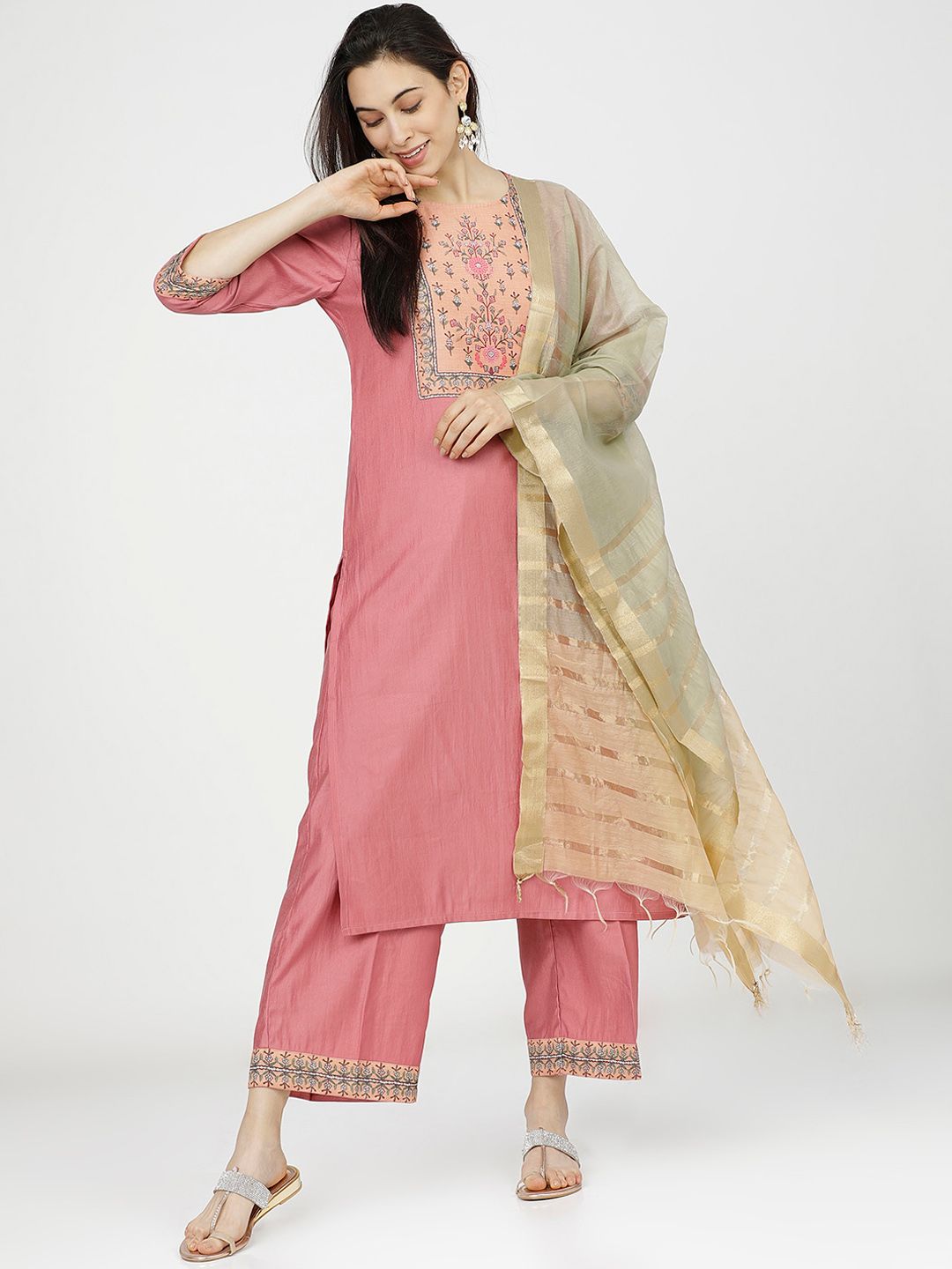 Vishudh Women Pink Ethnic Motifs Yoke Design Regular Kurta with Palazzos & With Dupatta Price in India