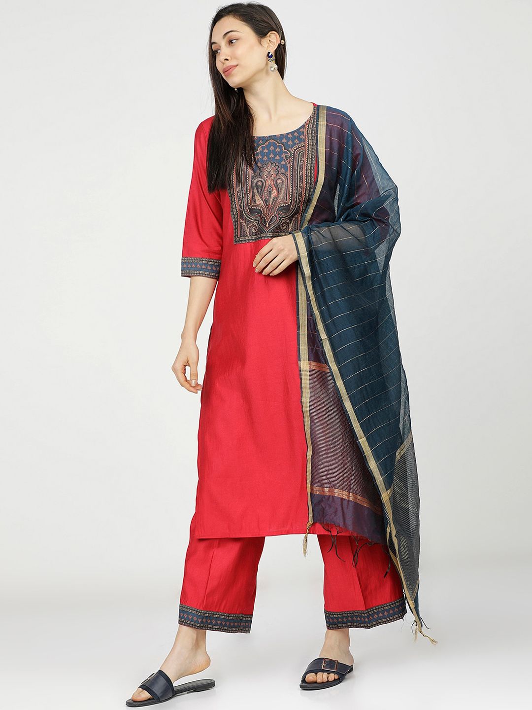 Vishudh Women Red & Black Ethnic Motifs Yoke Design Kurta with Trousers & With Dupatta Price in India