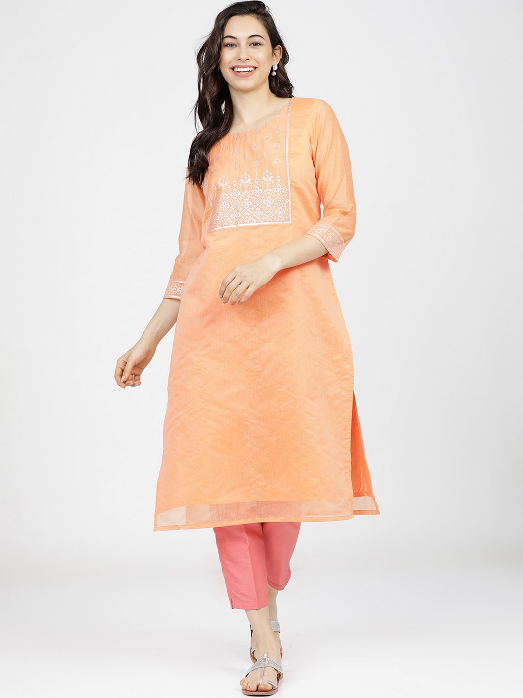 Vishudh Women Peach-Coloured Yoke Design Kurta Price in India