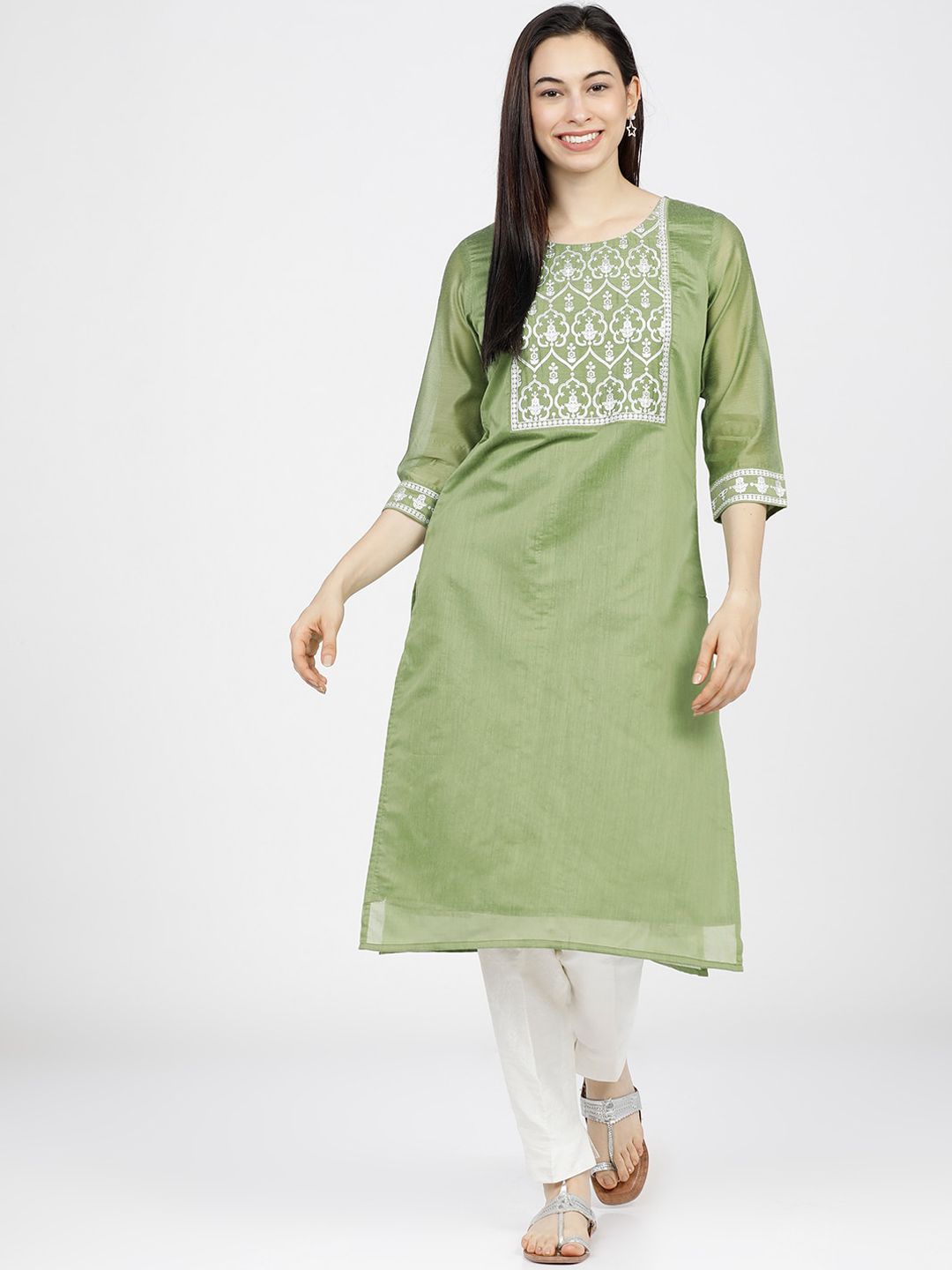 Vishudh Women Green Ethnic Motifs Yoke Design Kurta Price in India