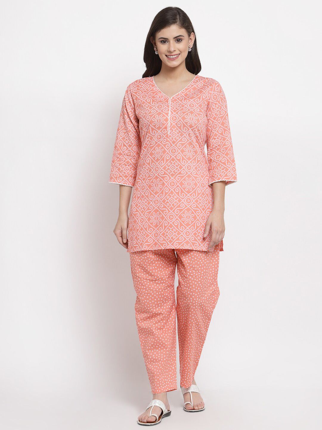 Yuris Women Peach & Off White Pure Cotton Printed Tunic with Trousers Price in India