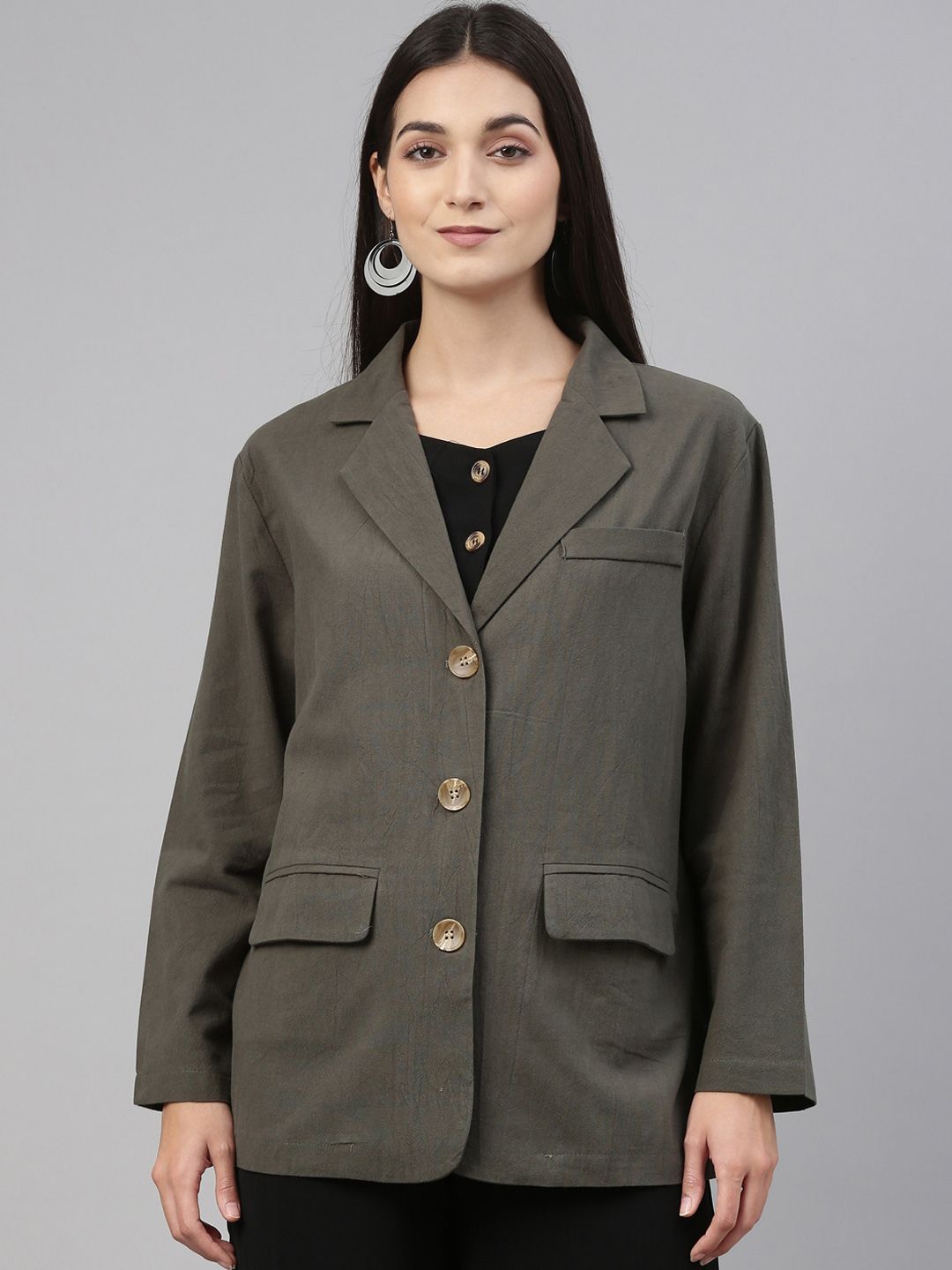 Insua Women Olive Green Solid Longline Tailored Jacket Price in India