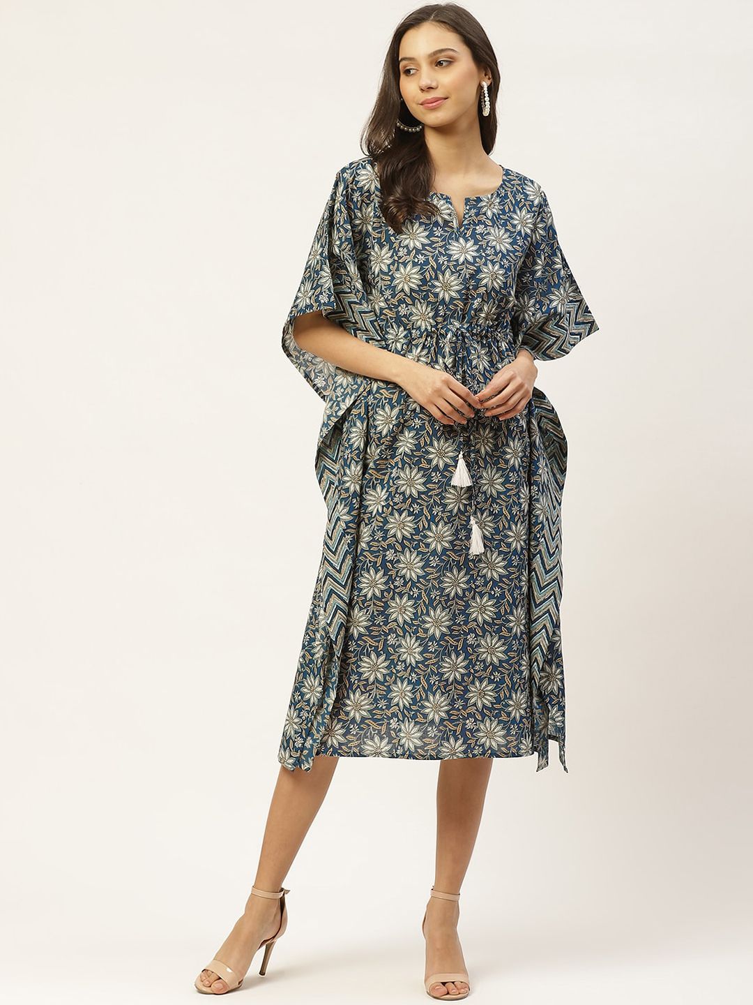 Maaesa Blue Floral Printed Kaftan Midi Dress Price in India