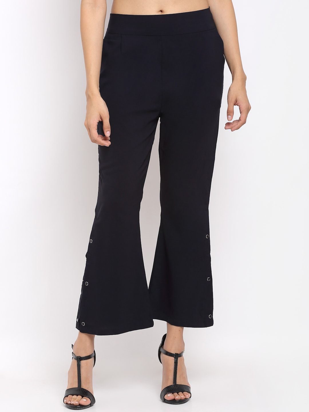 NEUDIS Women Navy Blue Smart Bootcut Trousers With Side Slits Price in India