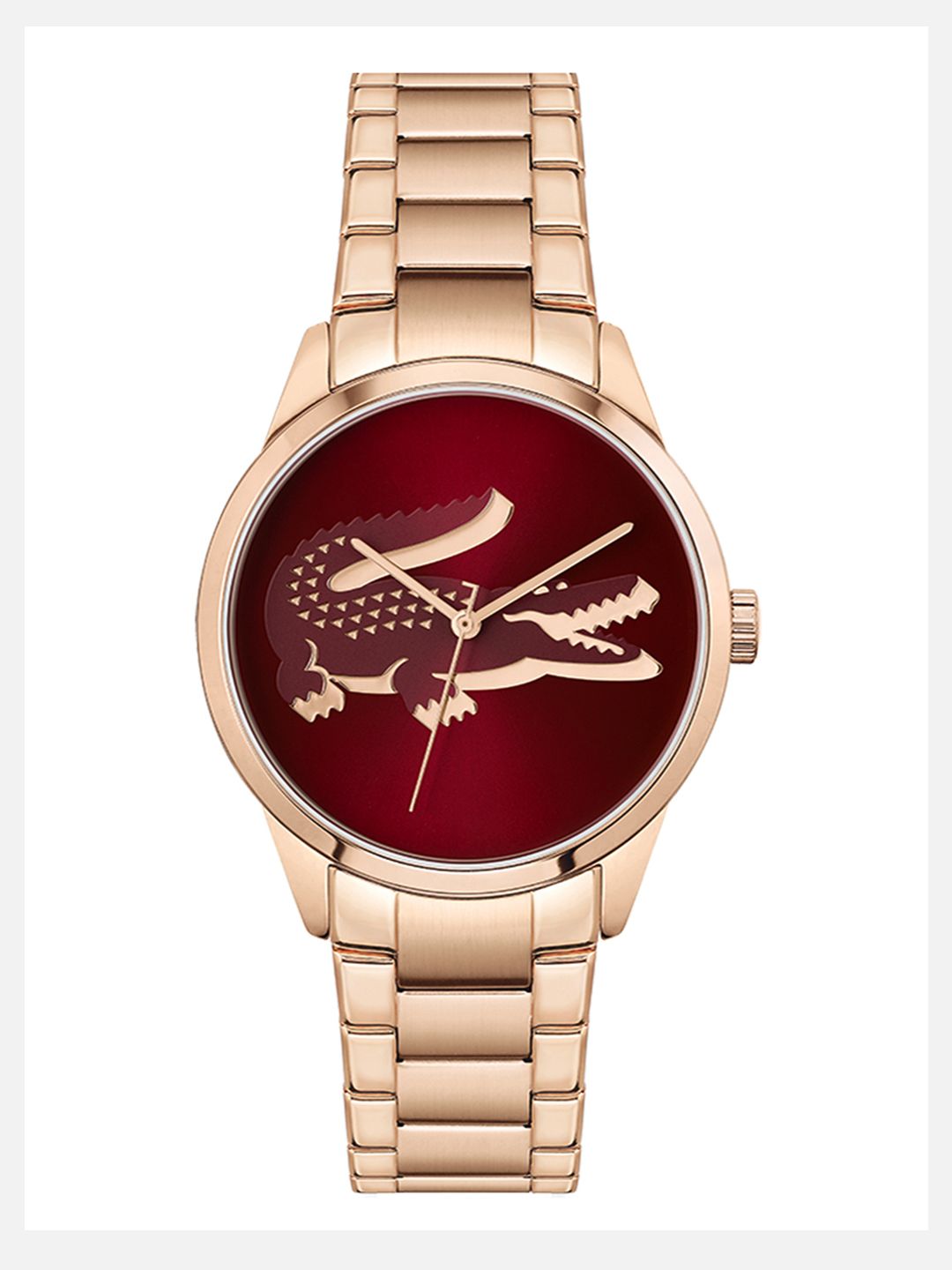Lacoste Women Red Brass Dial & Gold Toned Stainless Steel Bracelet Style Analogue Watch Price in India