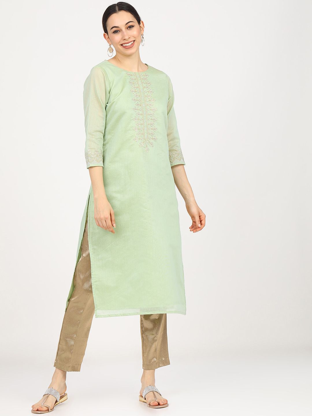 Vishudh Women Green & White Floral Yoke Design Thread Work Kurta Price in India