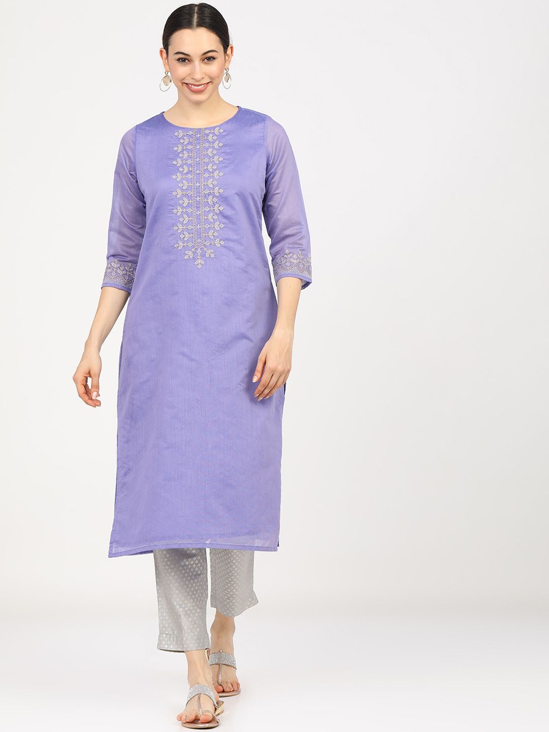 Vishudh Women Mauve Floral Yoke Design Thread Work Kurta Price in India