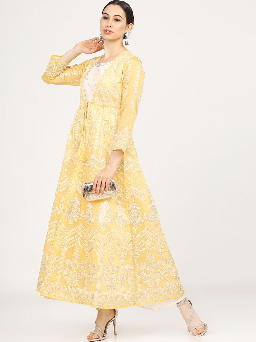 Vishudh Women Yellow & Off White Ethnic Motifs Printed A-Line Kurta with Jacket Price in India