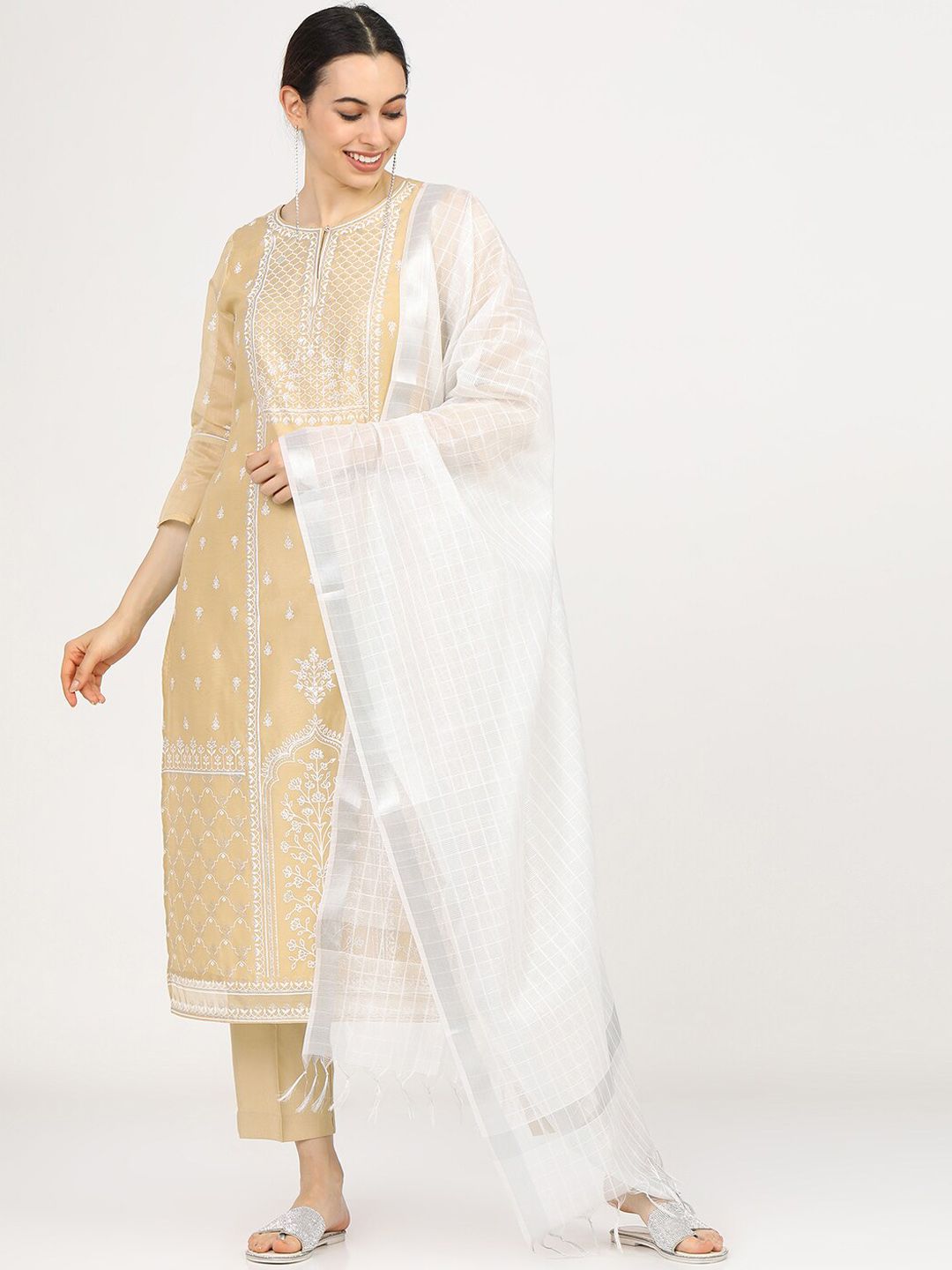 Vishudh Women Beige & White Floral Printed Regular Kurta With Trousers & Dupatta Price in India