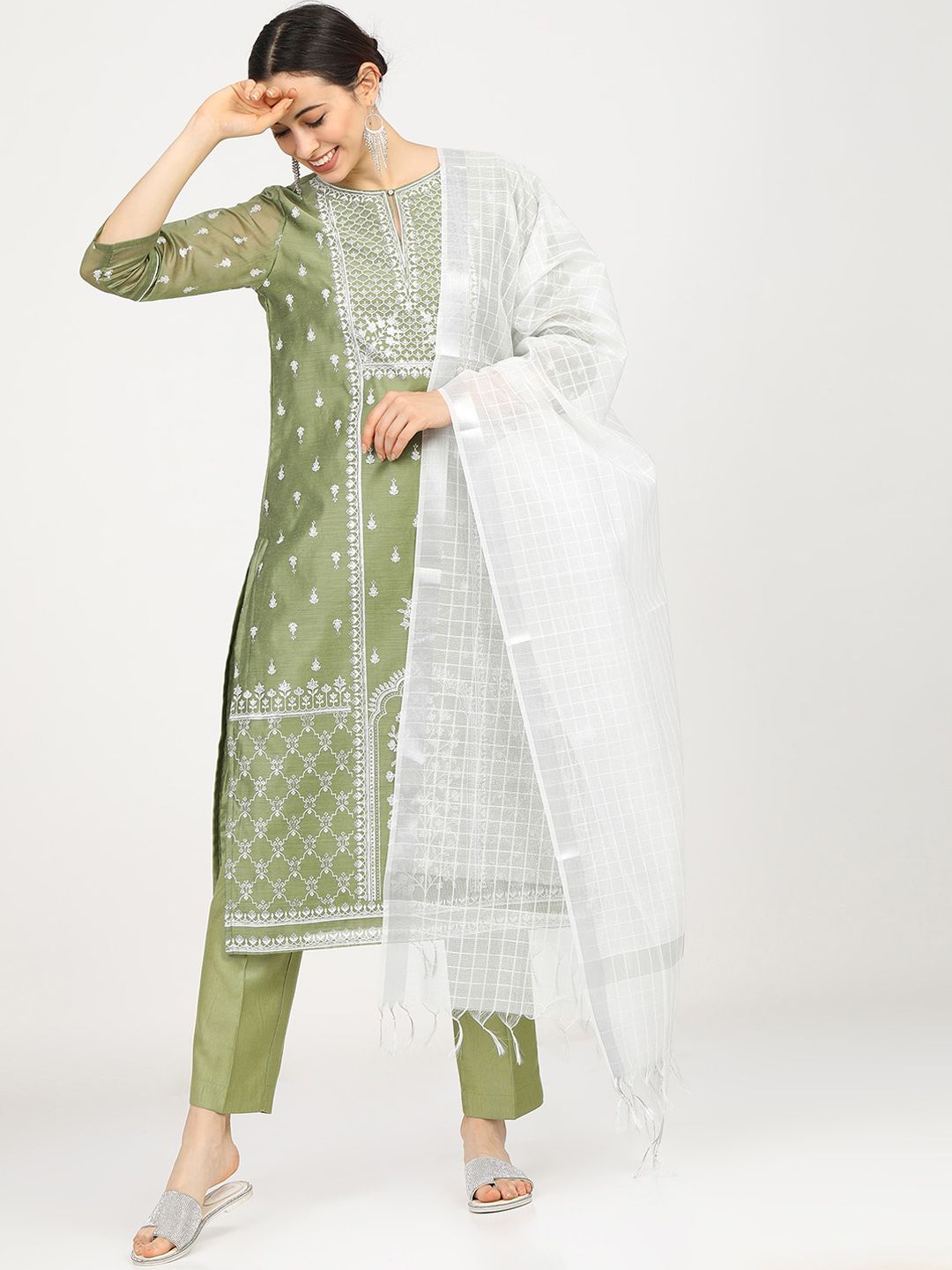 Vishudh Women Green & White Floral Printed Regular Kurta With Trousers & Dupatta Price in India