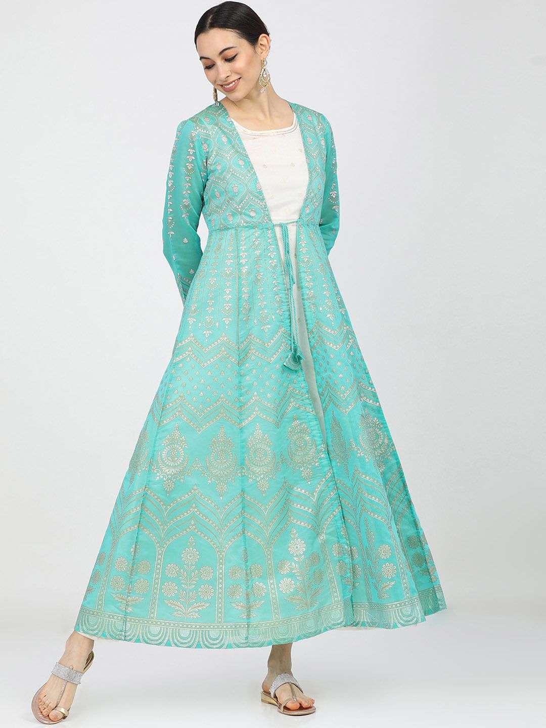 Vishudh Women Turquoise Blue & Off White Ethnic Motifs Printed Anarkali Kurta Price in India