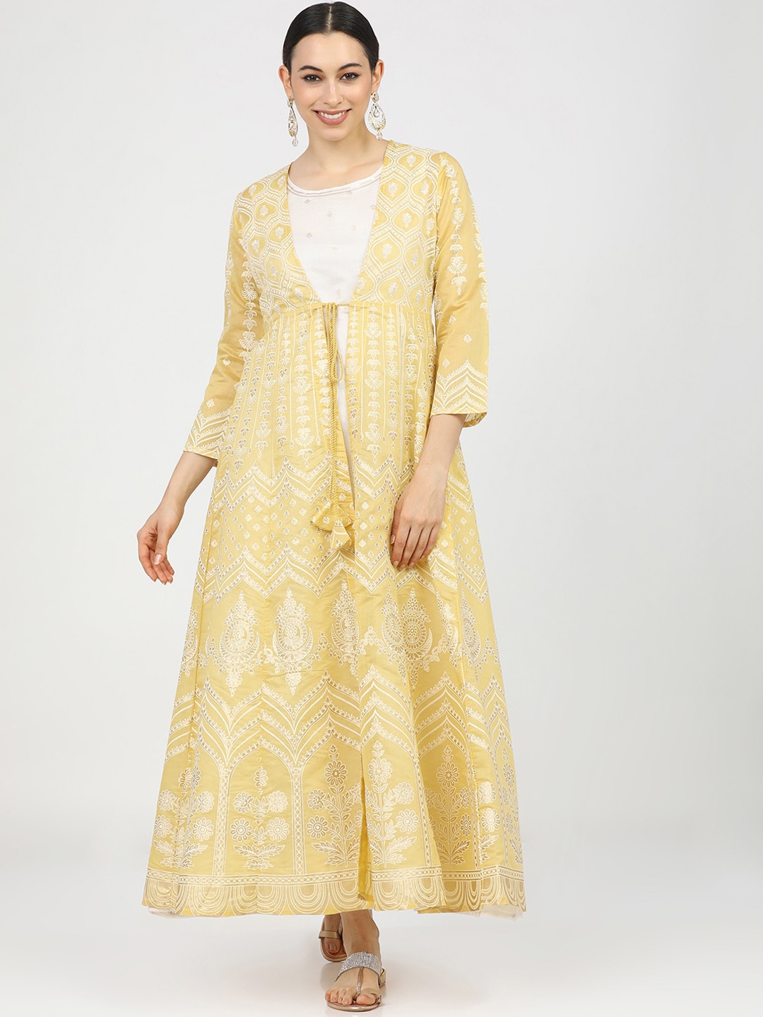 Vishudh Yellow & White Chanderi Layered Ethnic Maxi Dress Price in India