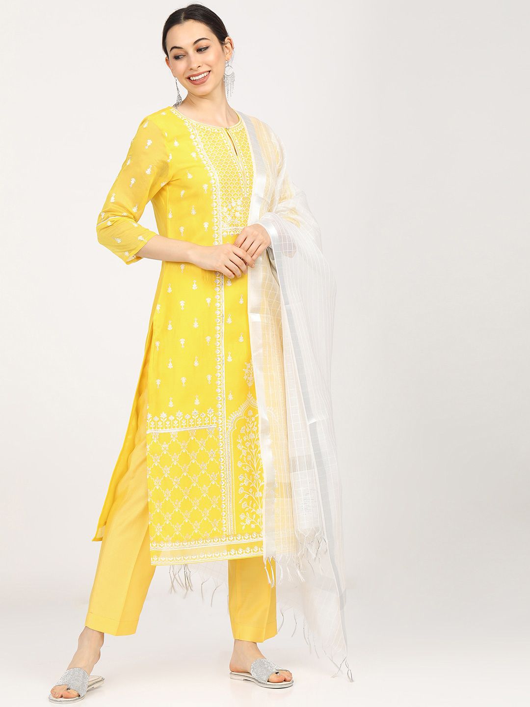 Vishudh Women Yellow & White Floral Printed Regular Kurta With Trousers & Dupatta Price in India