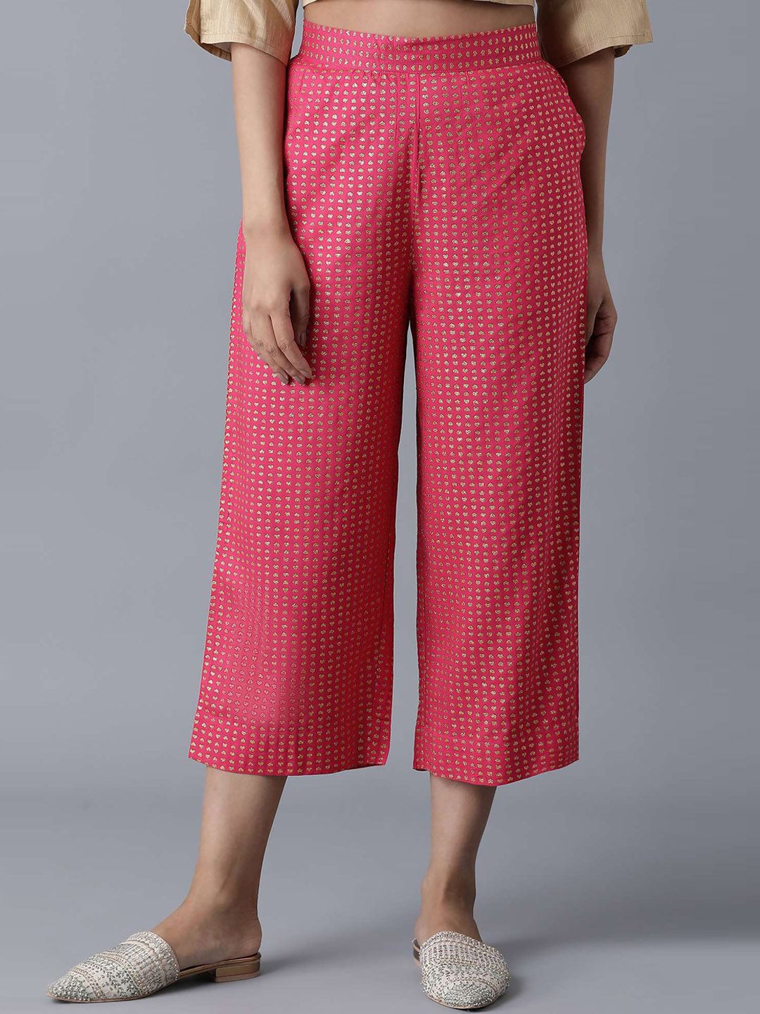 elleven Women Red & Gold Printed Culottes Trousers Price in India