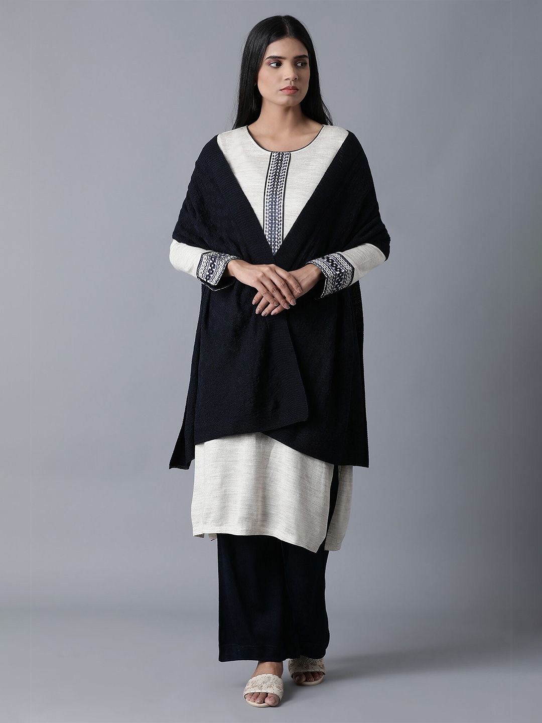 elleven Women Navy Blue Woven Design Stole Price in India