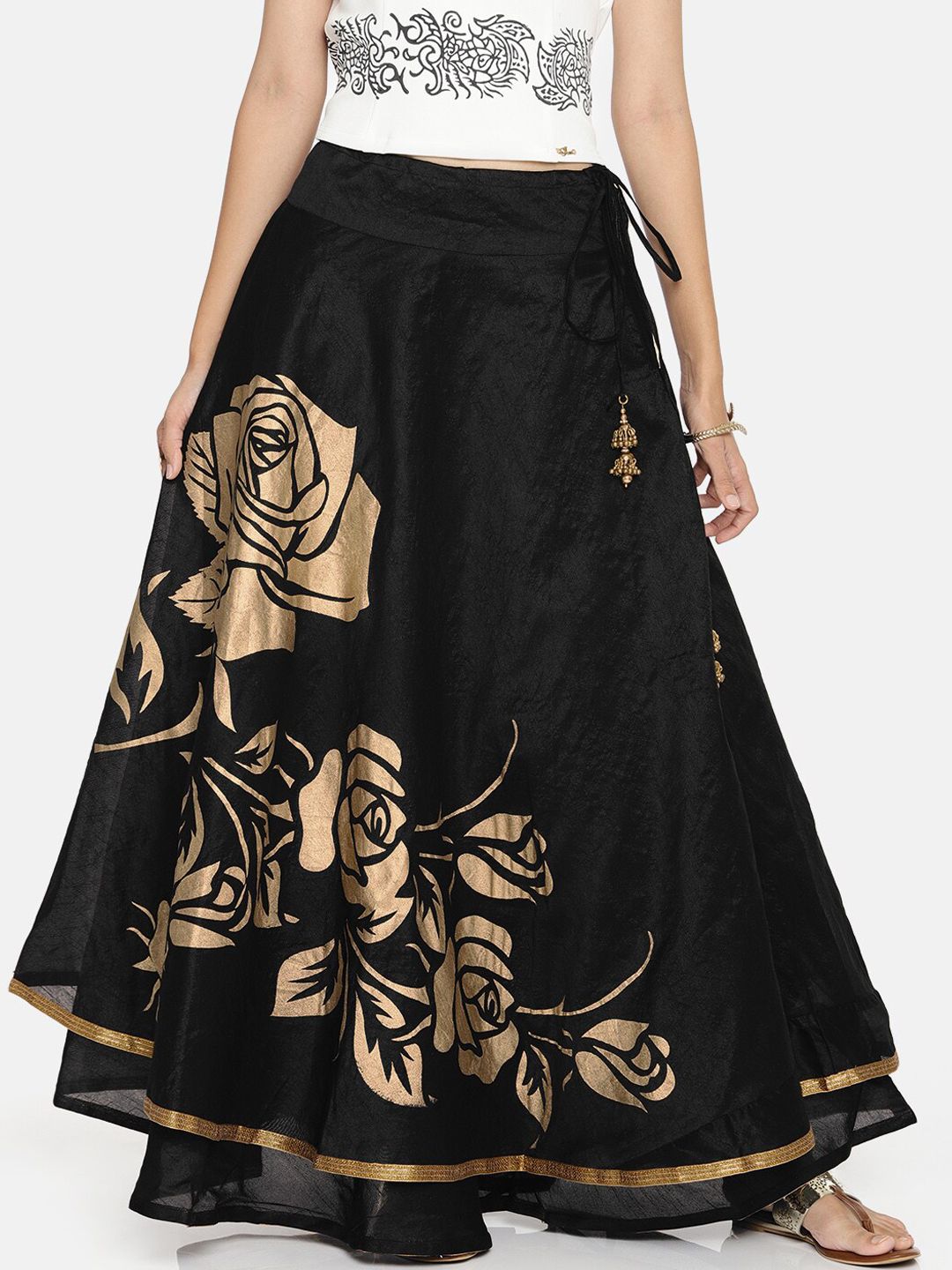 Ira Soleil Women Black & Gold Floral Printed Reversible Flared Maxi-Skirt
