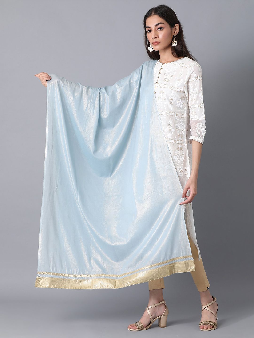 elleven Women Blue & Gold-Toned Pure Cotton Dupatta Price in India