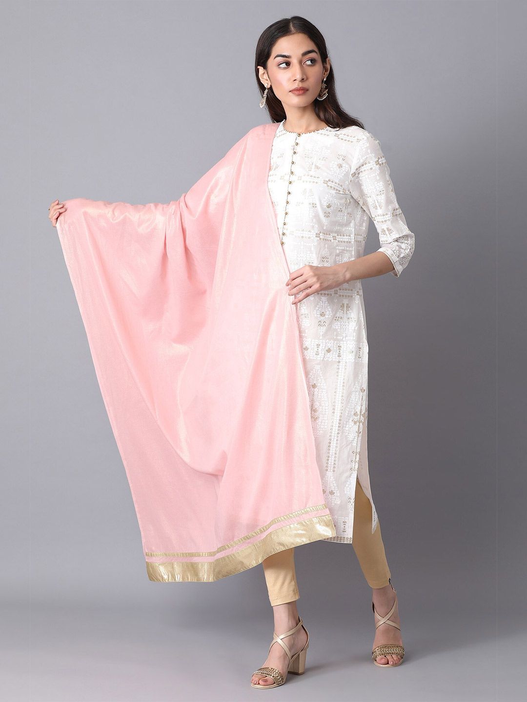 elleven Woman Pink & Gold-Toned Pure Cotton Dupatta