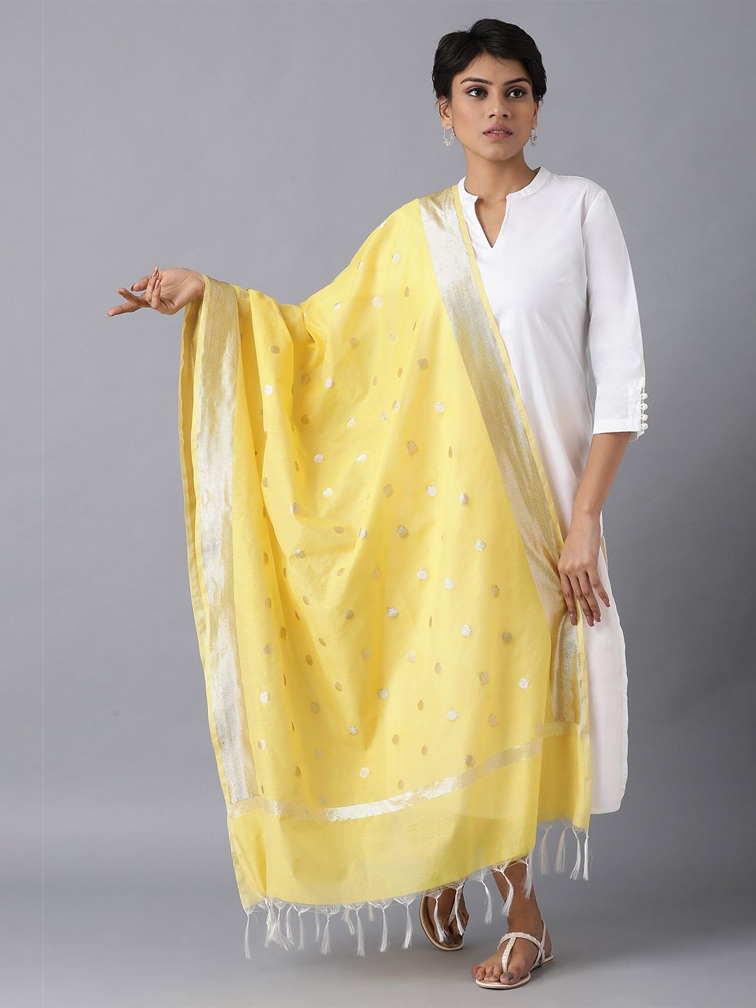 elleven Yellow & Gold-Toned Woven Design Dupatta Price in India