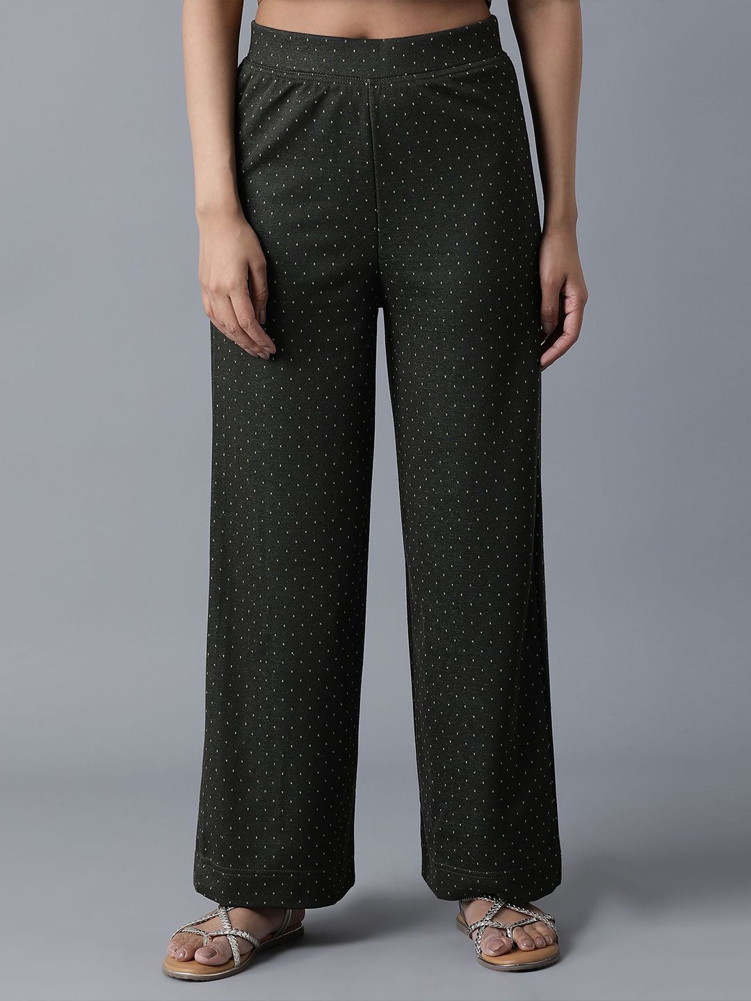 elleven Women Green & White Knitted Palazzos