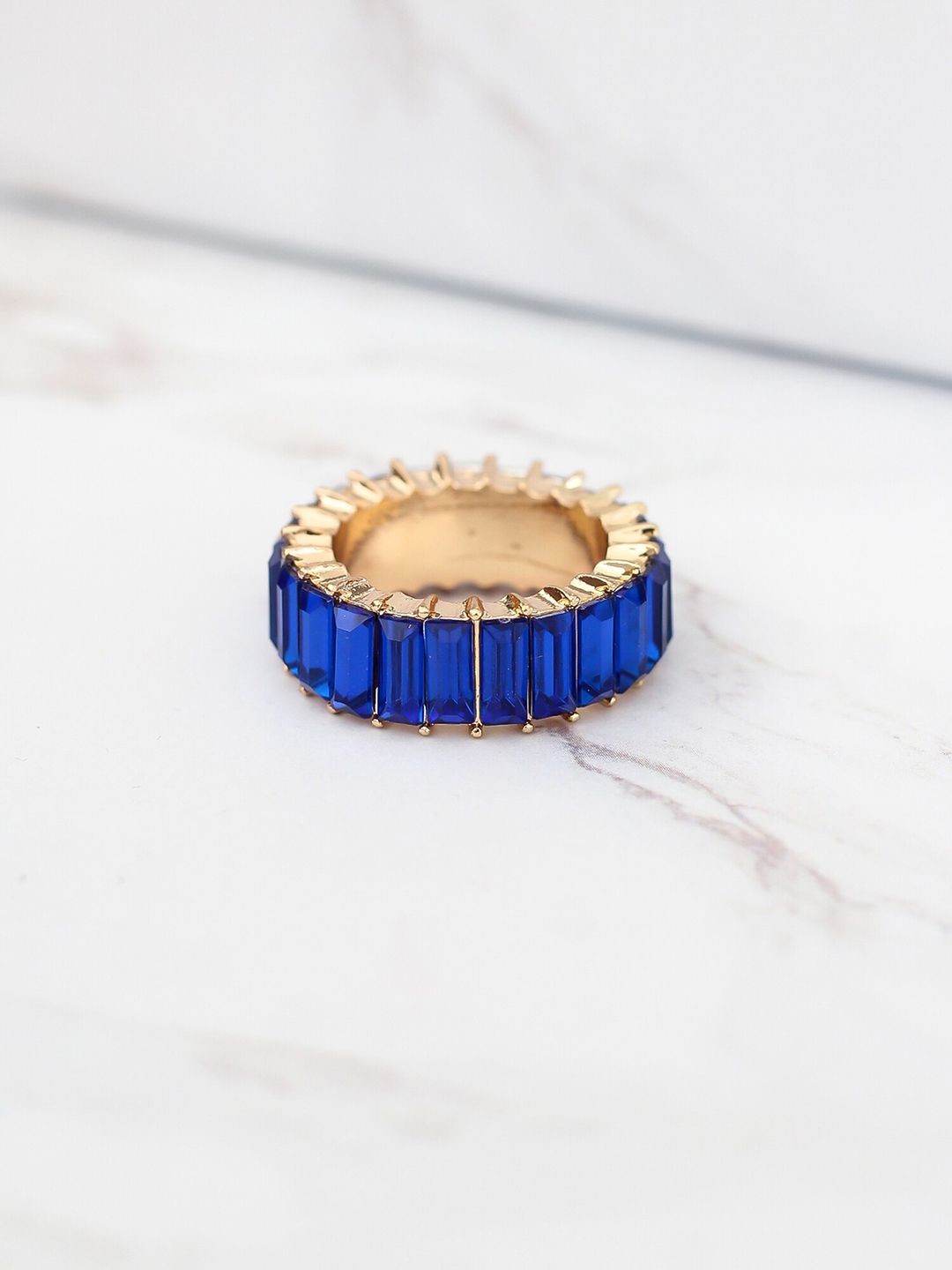 Bellofox Gold-Toned & Blue CZ-Studded Statement Finger Ring Price in India