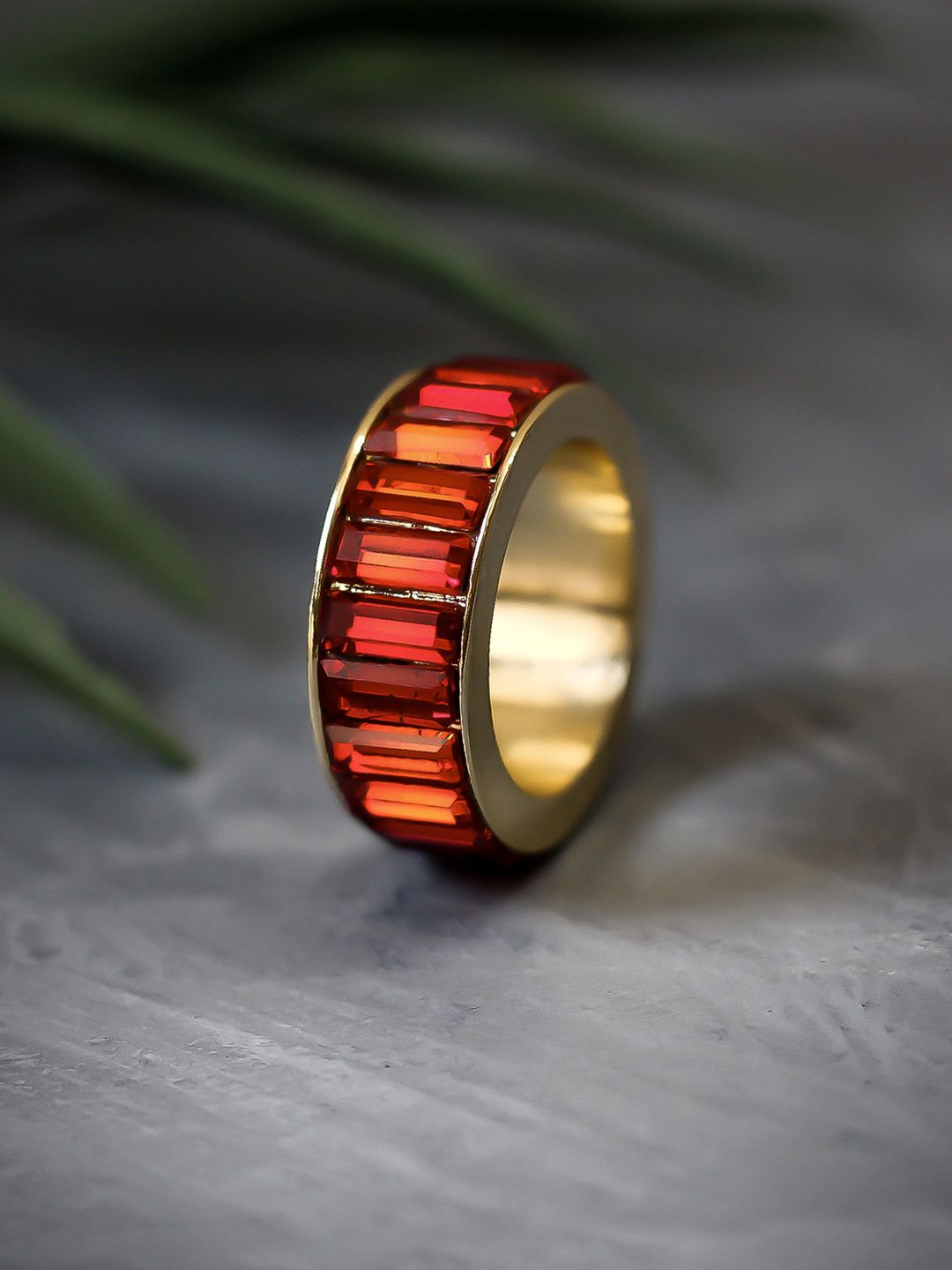 Bellofox Gold-Toned & Red Stone-Studded Statement Finger Ring Price in India
