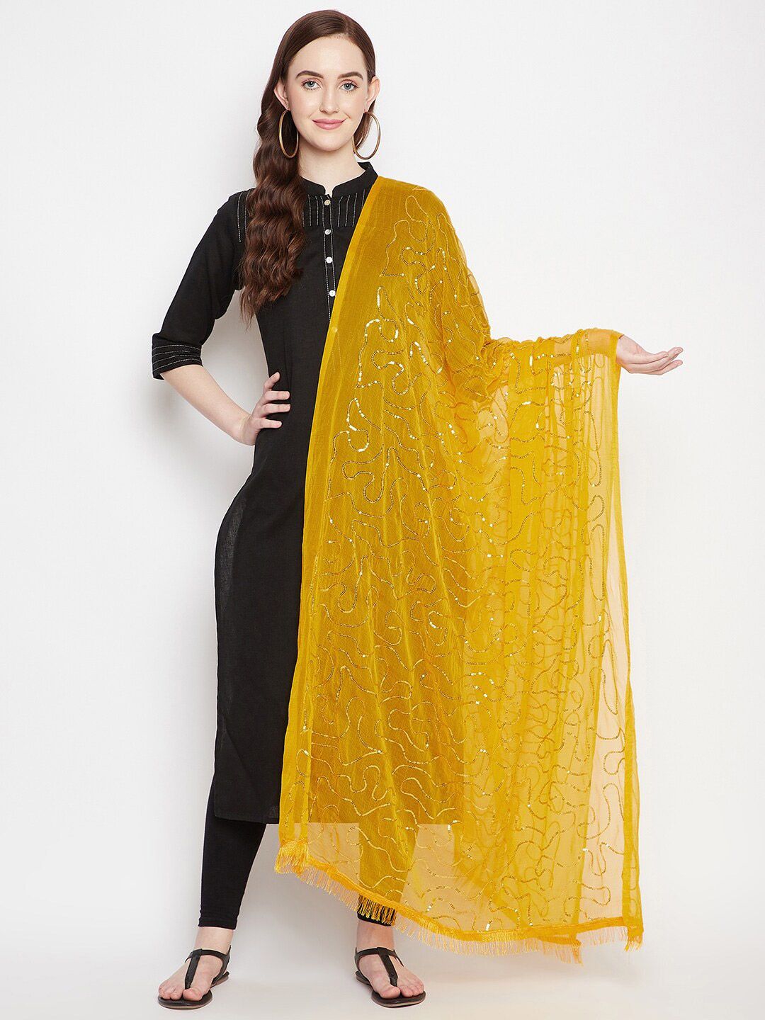 Clora Creation Yellow Embroidered Dupatta with Sequinned Price in India
