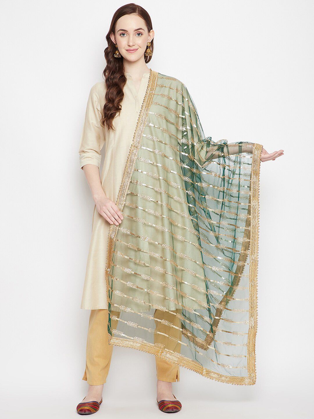 Clora Creation Green & Gold-Toned Embroidered Dupatta with Sequinned Price in India