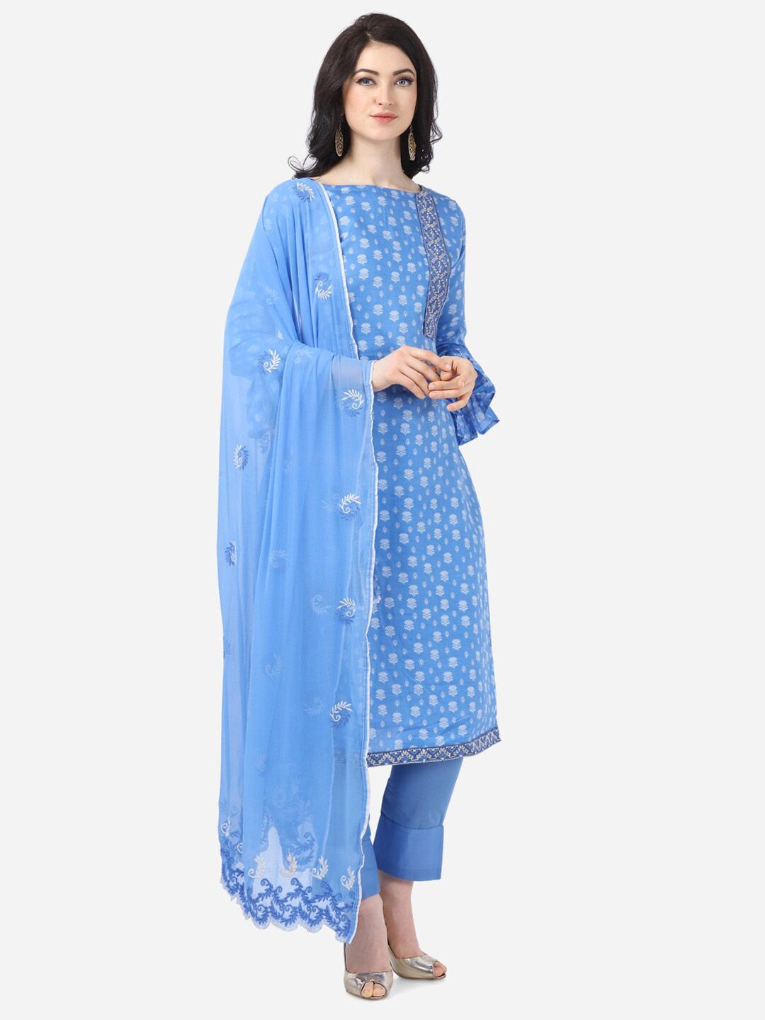DIVASTRI Blue & White Floral Printed Unstitched Dress Material With Embroidered Dupatta Price in India