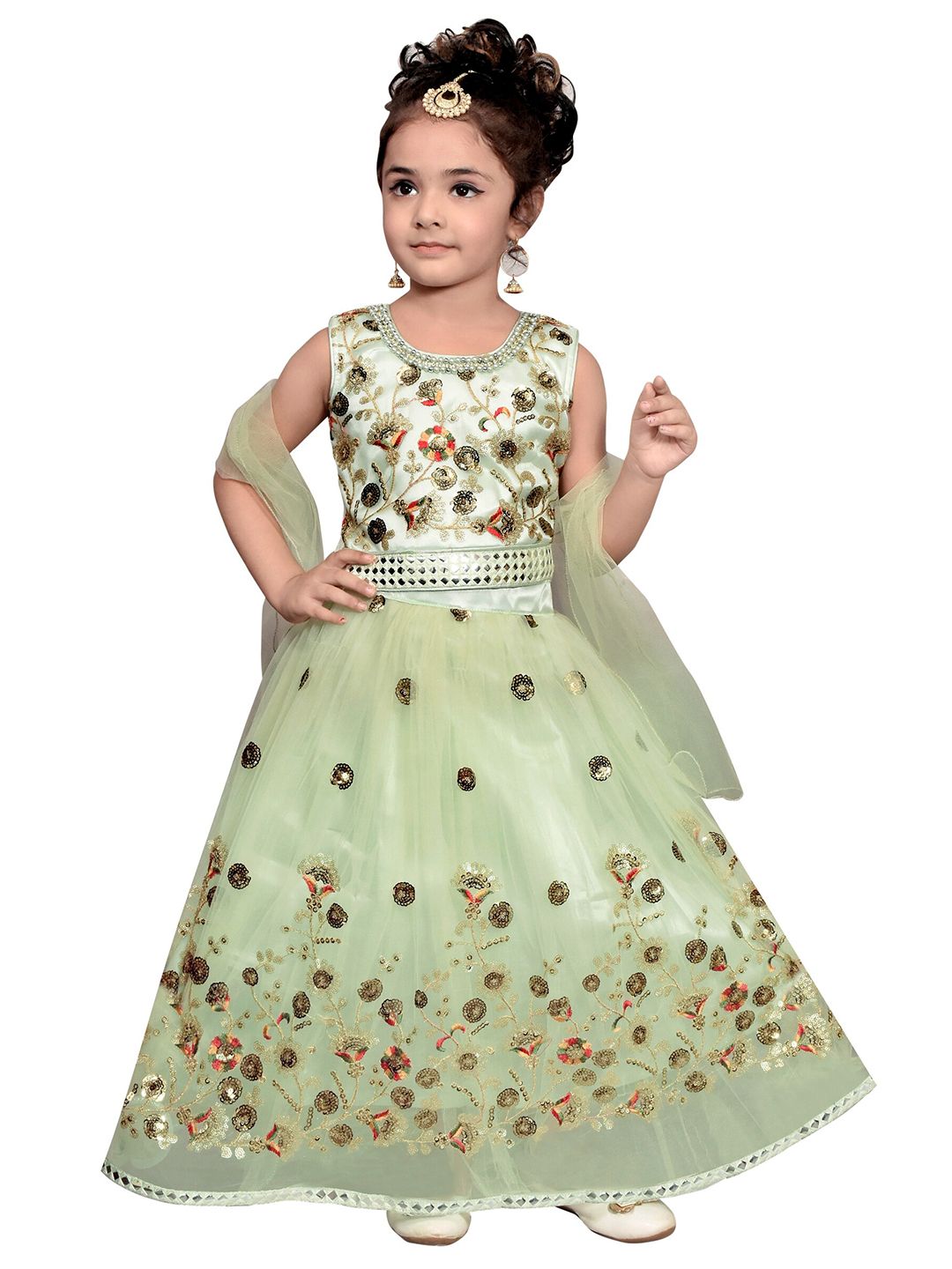 SKY HEIGHTS Girls Green & Gold-Toned Embellished Ready to Wear Lehenga & Blouse With Dupatta Price in India
