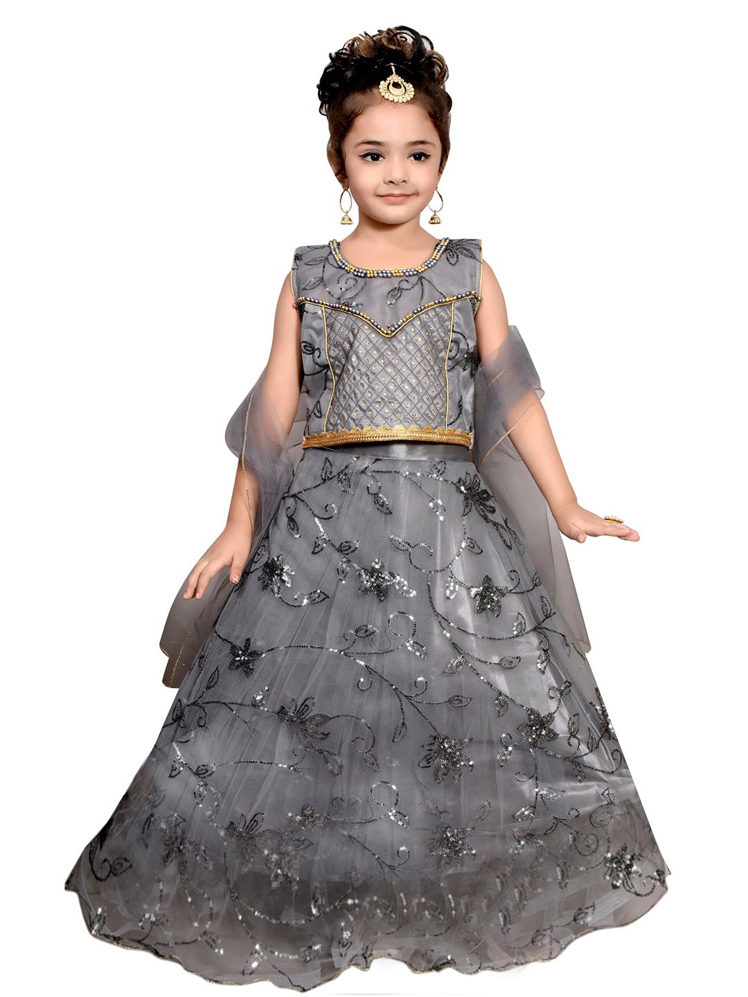 SKY HEIGHTS Girls Grey Embellished Ready to Wear Lehenga & Blouse With Dupatta