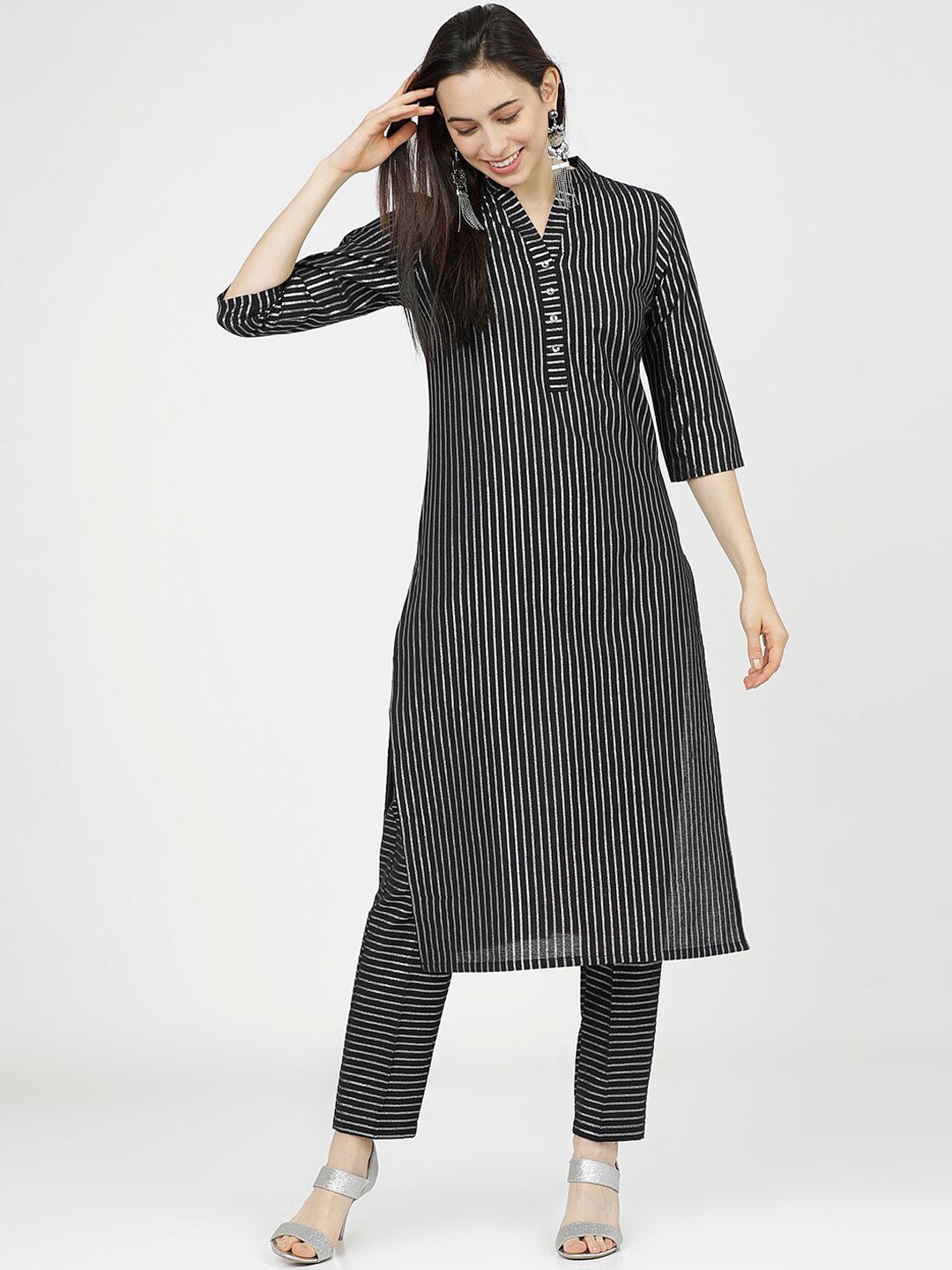 Vishudh Women Black & White Striped Regular Pure Cotton Kurta With Trousers Price in India