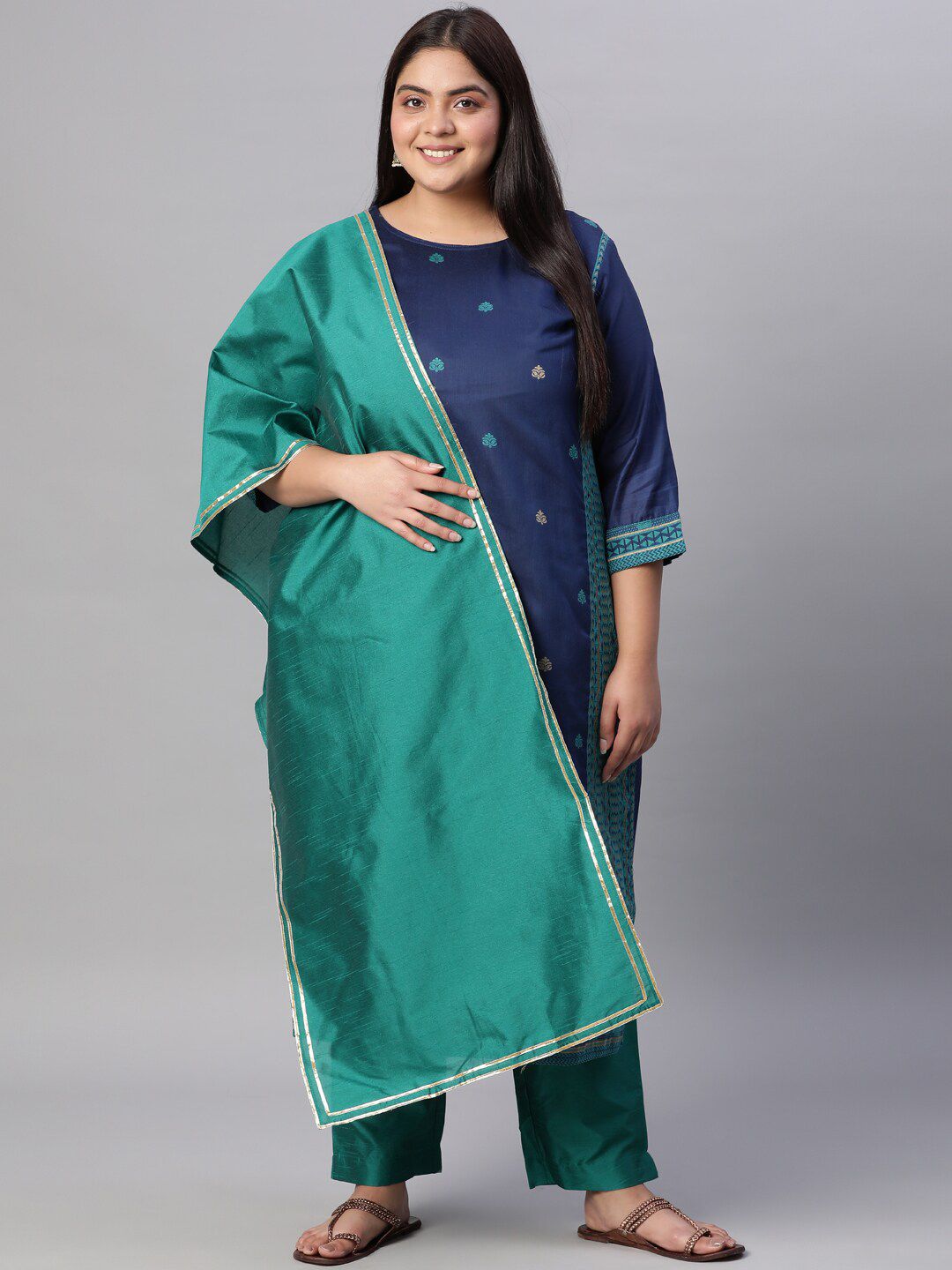 Jaipur Kurti Women Blue Embroidered Layered Kurti with Trousers & With Dupatta Price in India