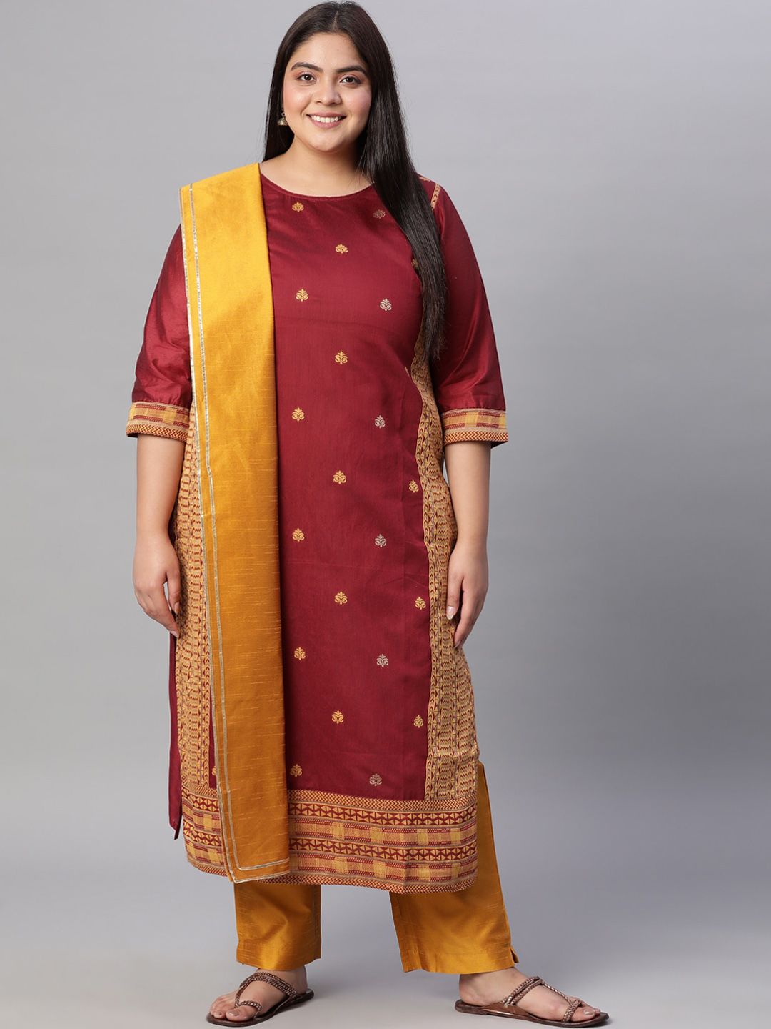 Jaipur Kurti Women Maroon Ethnic Motifs Regular Kurta with Trousers & With Dupatta Price in India