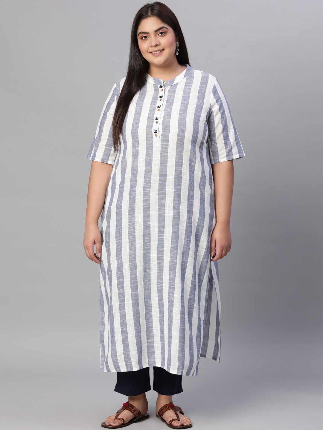 Jaipur Kurti Women Blue & White Striped Cotton Kurta Price in India