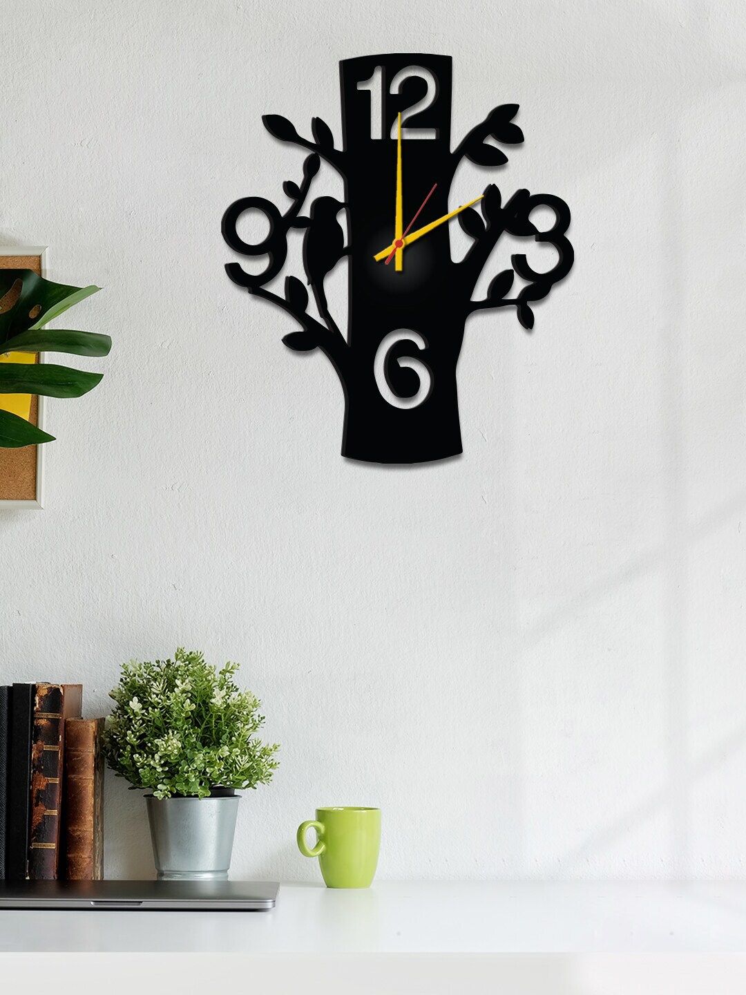 WALLMANTRA Black & Yellow Floral Contemporary Wooden Wall Clock Price in India