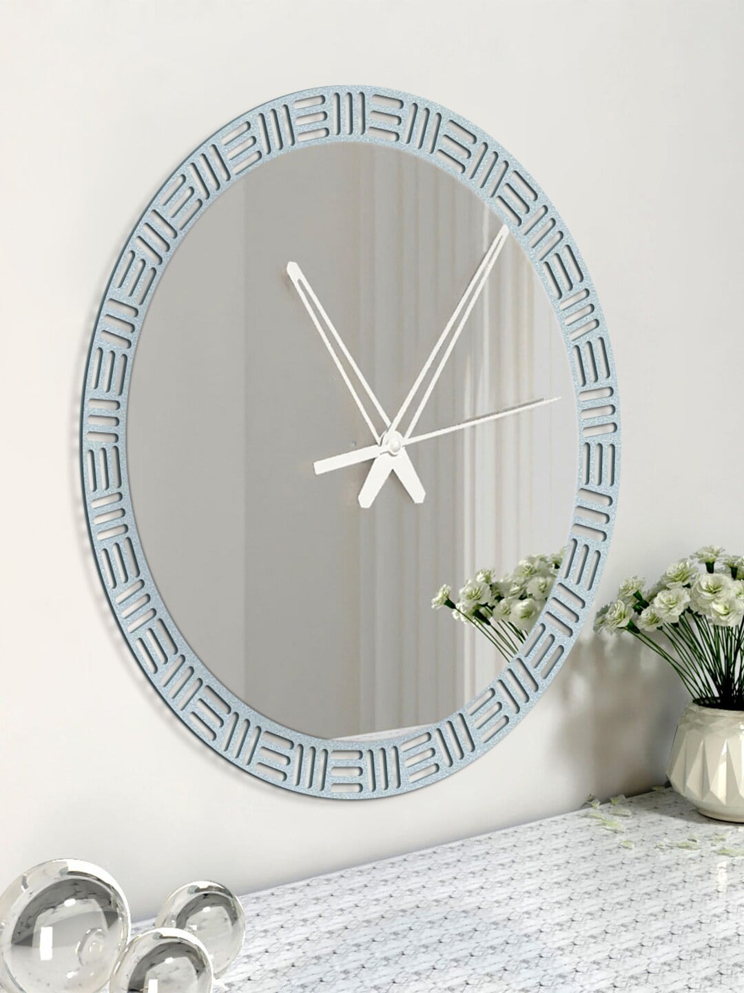 WALLMANTRA Off White & Grey Contemporary Mirror Wall Clock Price in India